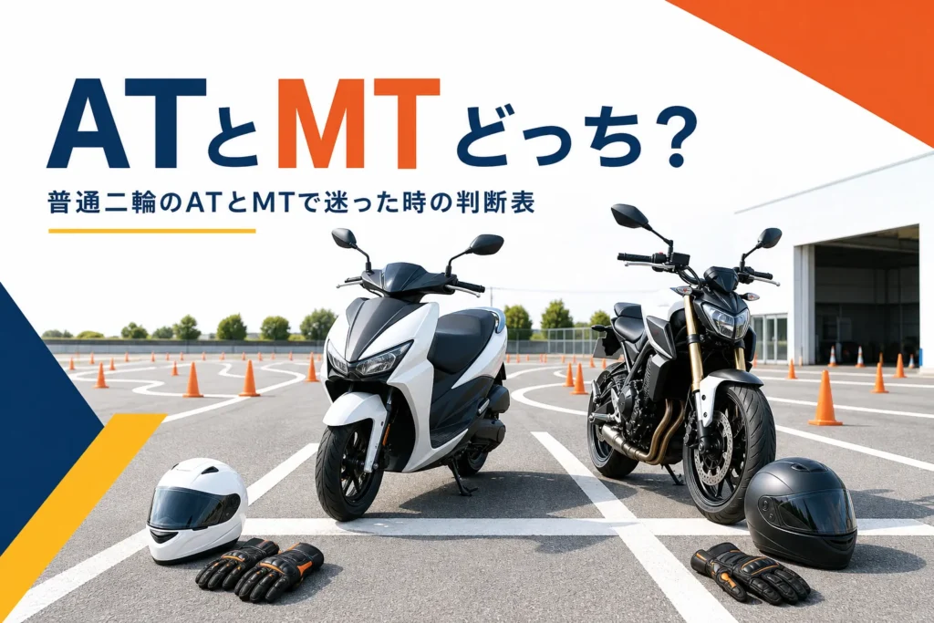 普通二輪のATとMTのどちらを取るか迷った時の判断表を紹介する記事のアイキャッチ