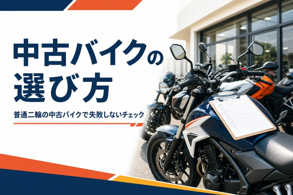 普通二輪の中古バイクを選ぶ時に店頭で見る所を紹介する記事のアイキャッチ