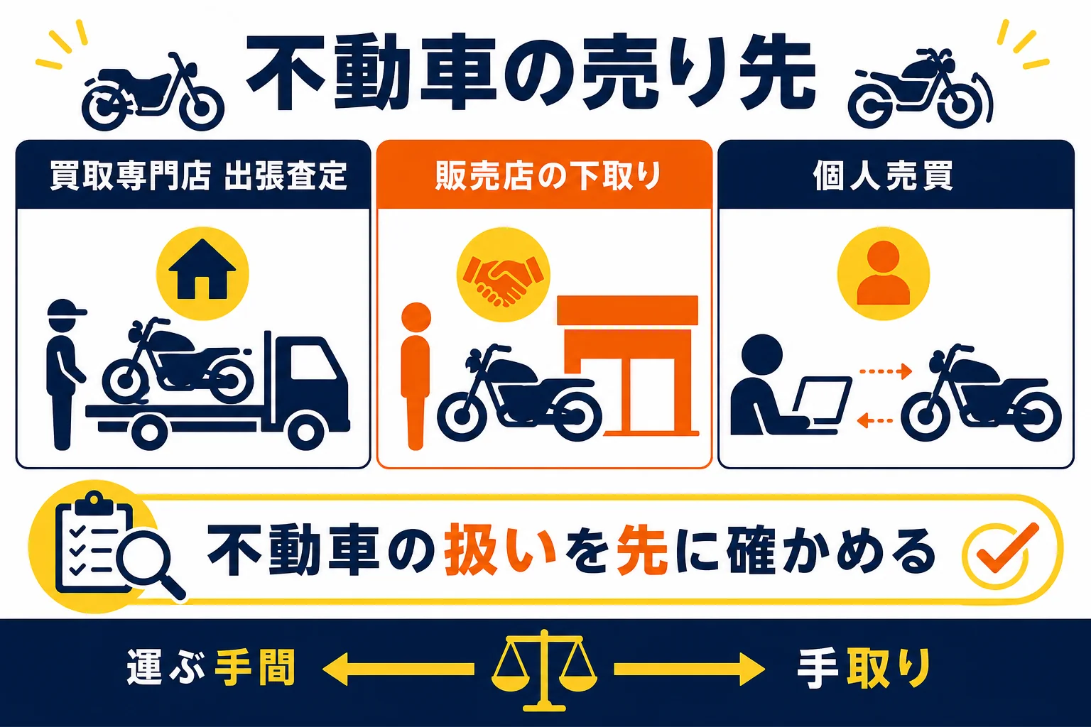 不動車の売り先を、買取専門店・販売店の下取り・個人売買の3つで比べた図解