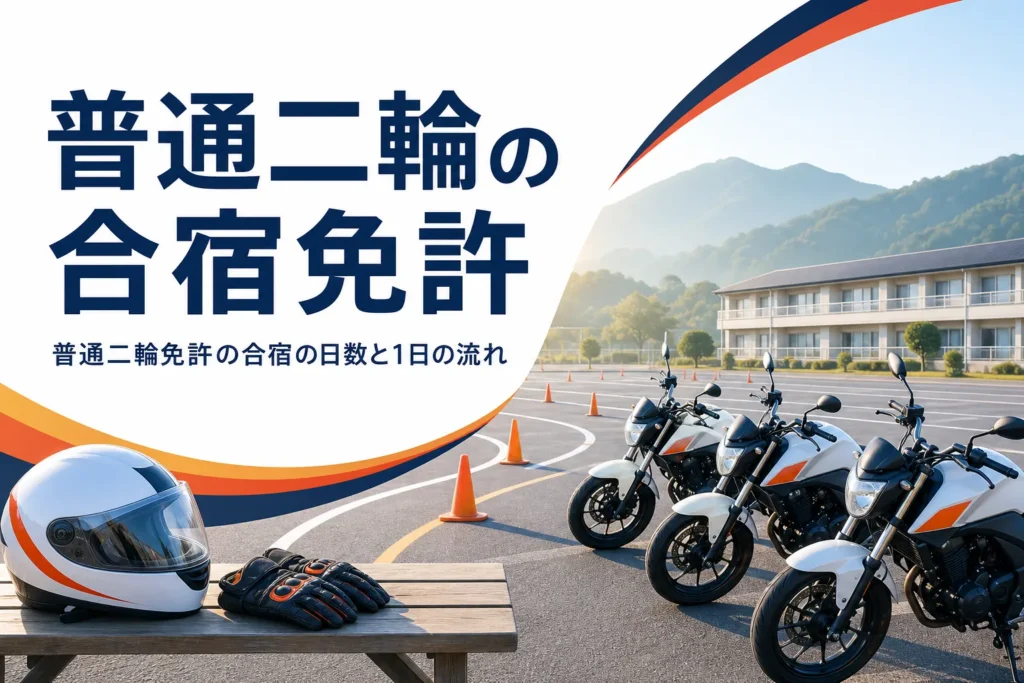 普通二輪免許の合宿の日数と1日の流れ、通いとの違いを紹介する記事のアイキャッチ