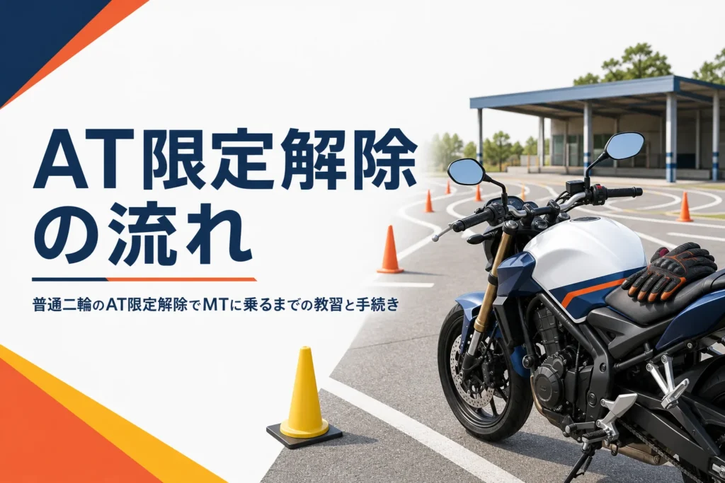 普通二輪のAT限定解除の教習と、MTに乗れるようになるまでの流れを紹介する記事のアイキャッチ