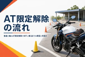 普通二輪のAT限定解除の教習と、MTに乗れるようになるまでの流れを紹介する記事のアイキャッチ