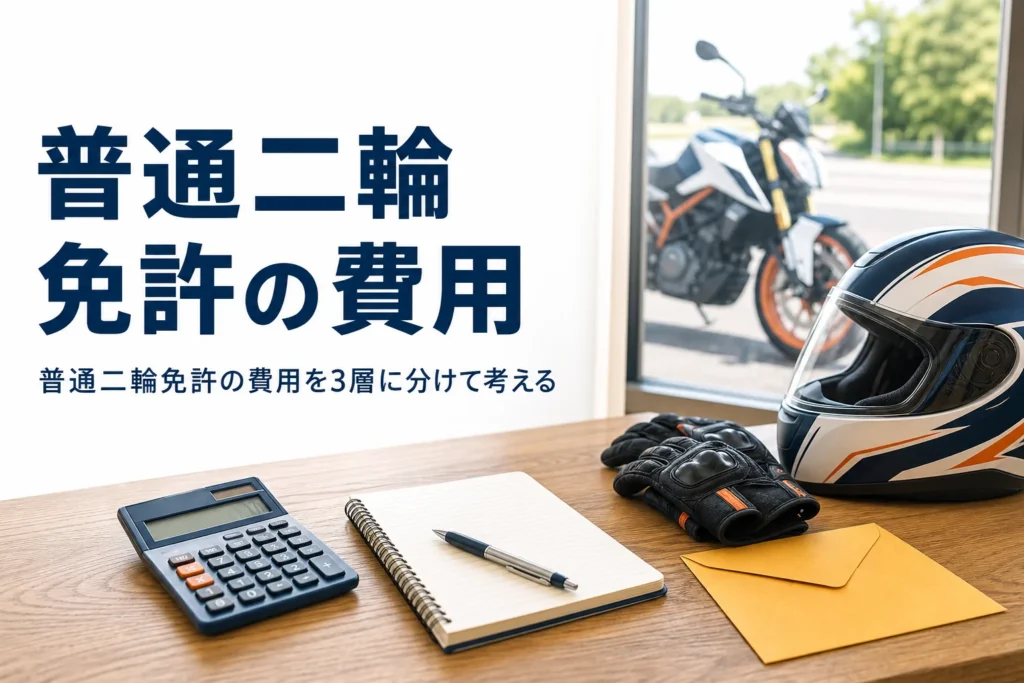 普通二輪免許の費用を教習料金・手数料・装備とバイク代の3層で紹介する記事のアイキャッチ