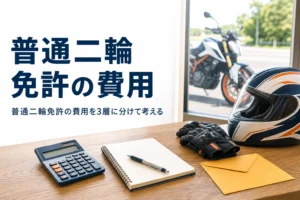 普通二輪免許の費用を教習料金・手数料・装備とバイク代の3層で紹介する記事のアイキャッチ