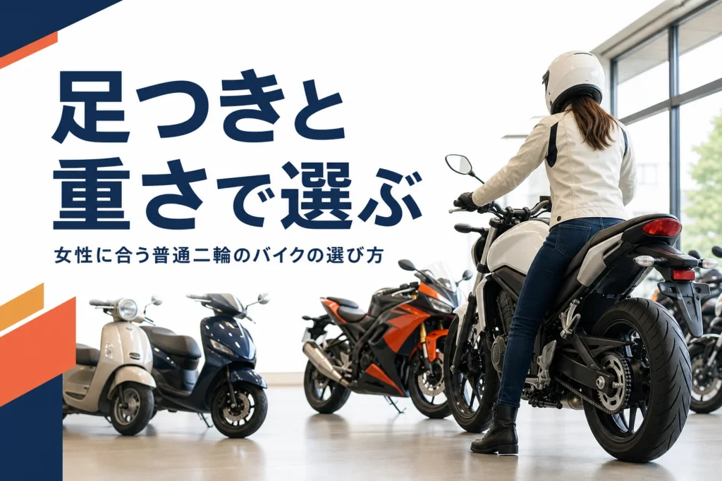 女性が普通二輪のバイクを足つきと重さで選ぶ方法を紹介する記事のアイキャッチ