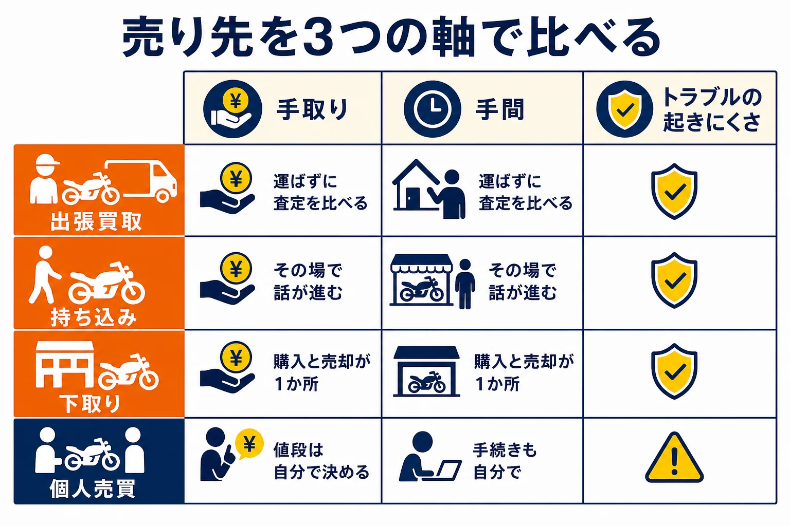 バイクの売り先を、手取り・手間・トラブルの起きにくさの3軸で比べた図解