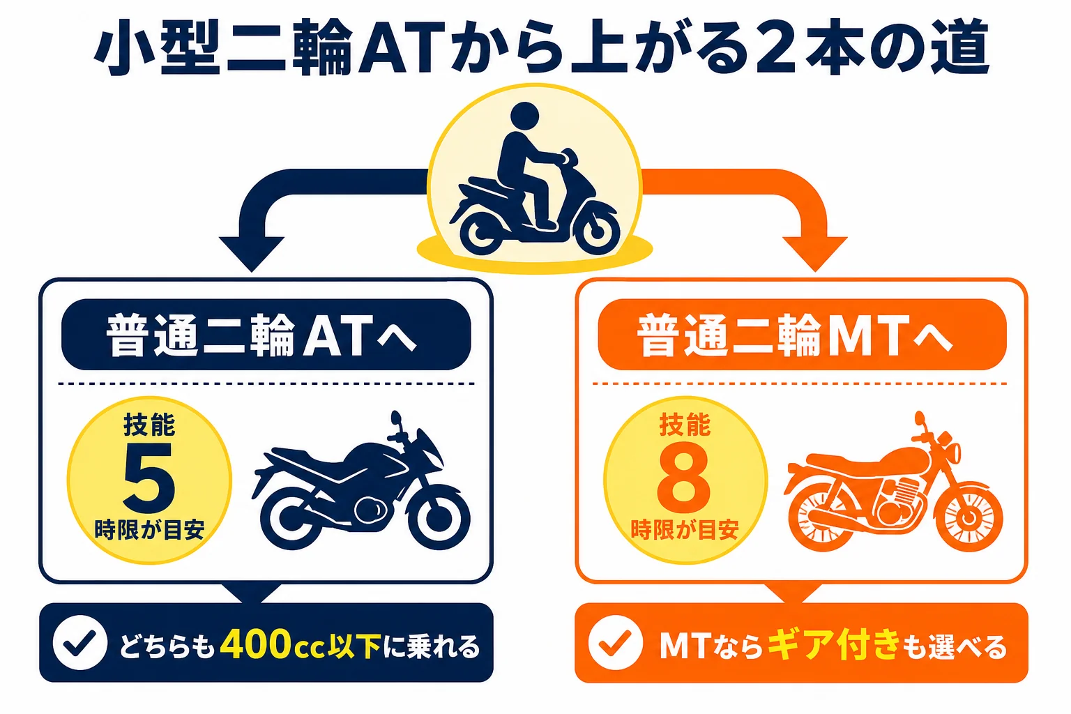 小型二輪ATから、普通二輪ATと普通二輪MTの2本の道筋を比べた図解