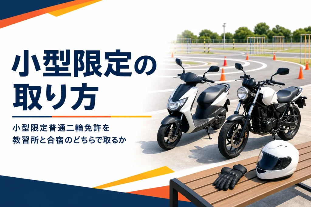 小型限定普通二輪免許を教習所の通いと合宿のどちらで取るかを紹介する記事のアイキャッチ