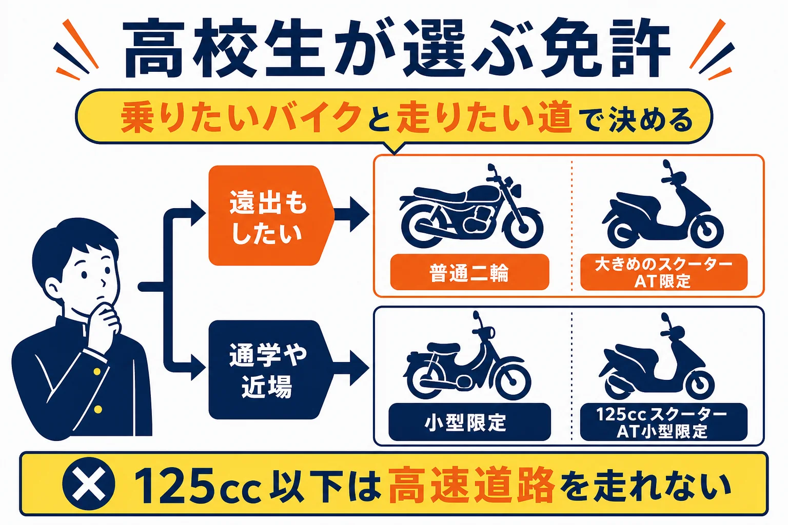 高校生が普通二輪・AT限定・小型限定・AT小型限定のどれを選ぶかを、乗りたいバイクと走りたい道で分けた図解