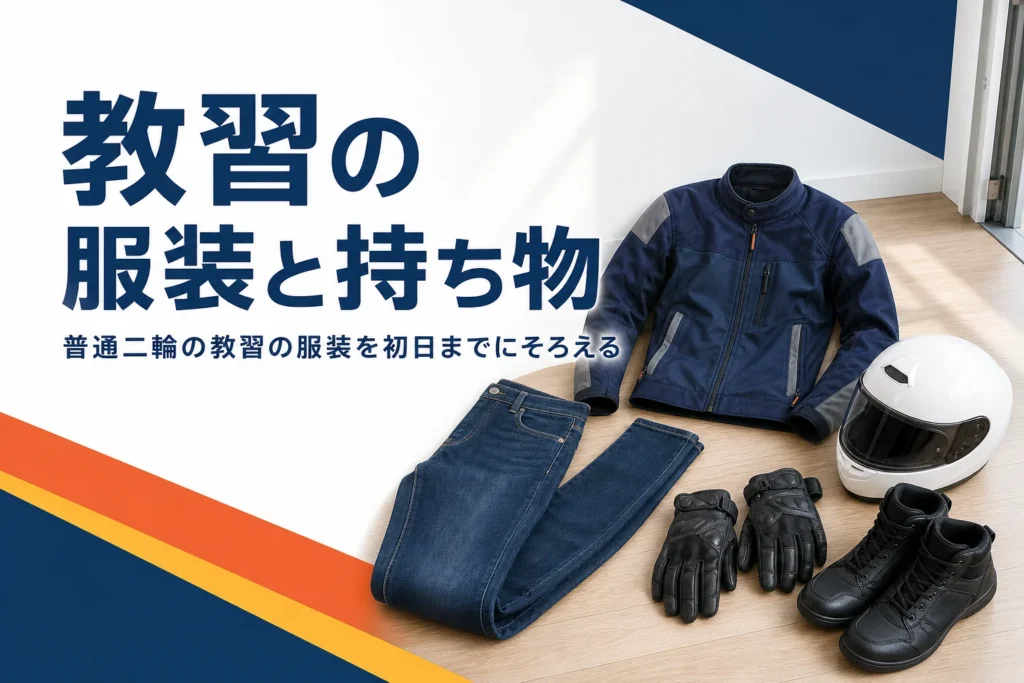 普通二輪の教習の服装と持ち物を、初日までに用意する物として紹介する記事のアイキャッチ