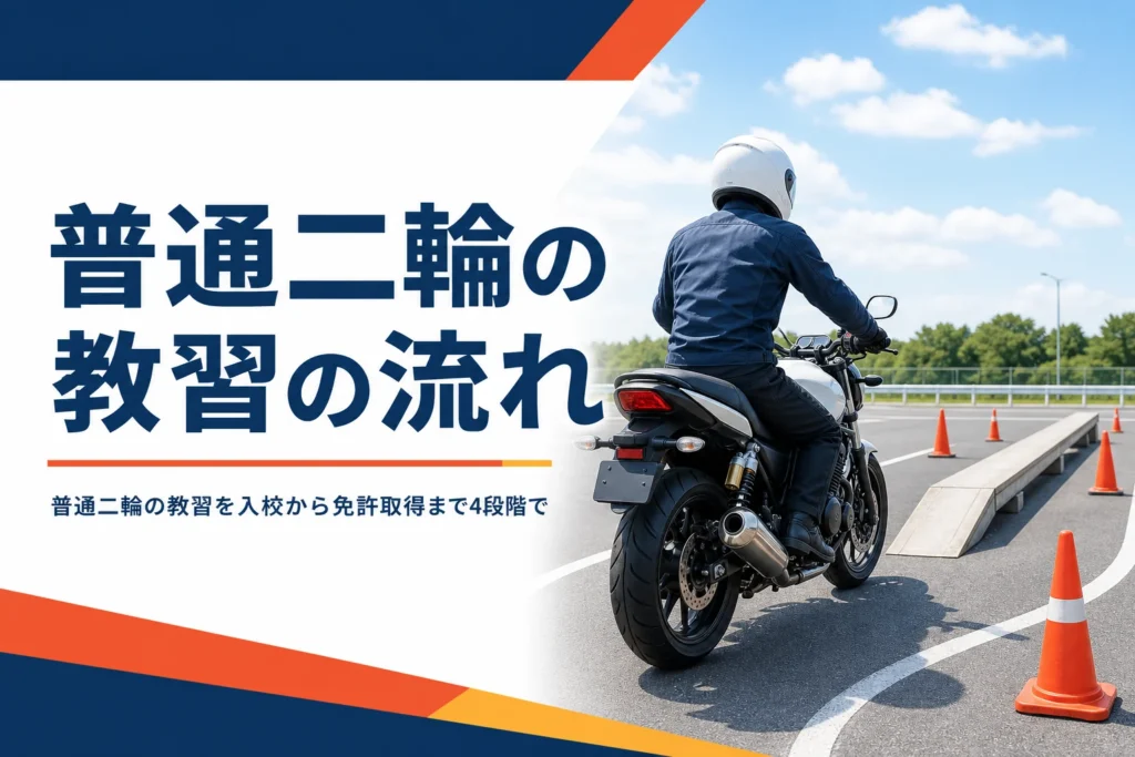 普通二輪の教習の流れを、入校から免許取得まで4段階で紹介する記事のアイキャッチ