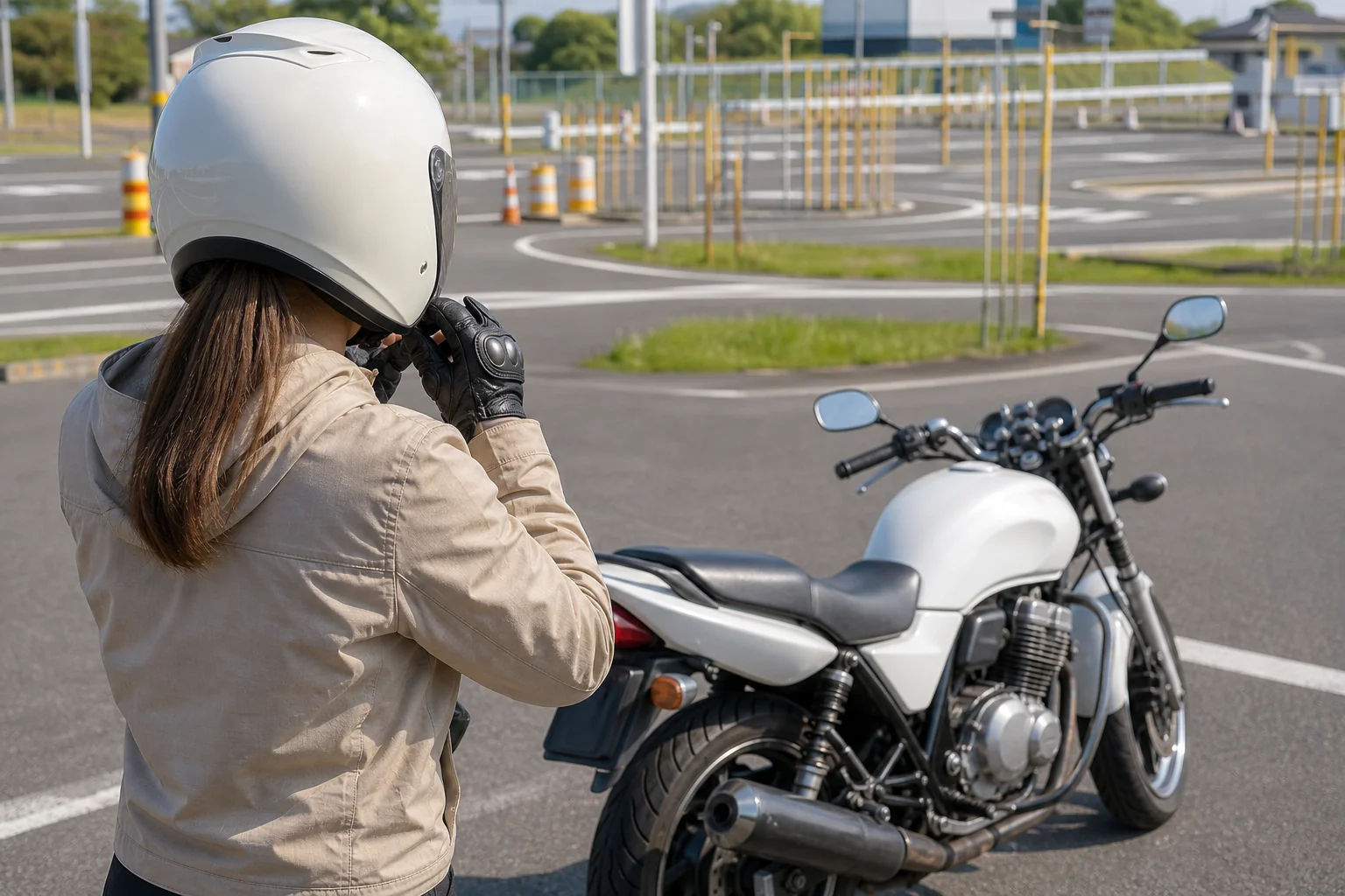 見学の時に見ておきたい、教習所の二輪コースと教習用バイクの様子