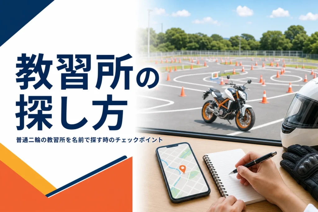 普通二輪の教習所を名前で探す時に確かめたいチェックポイントを紹介する記事のアイキャッチ