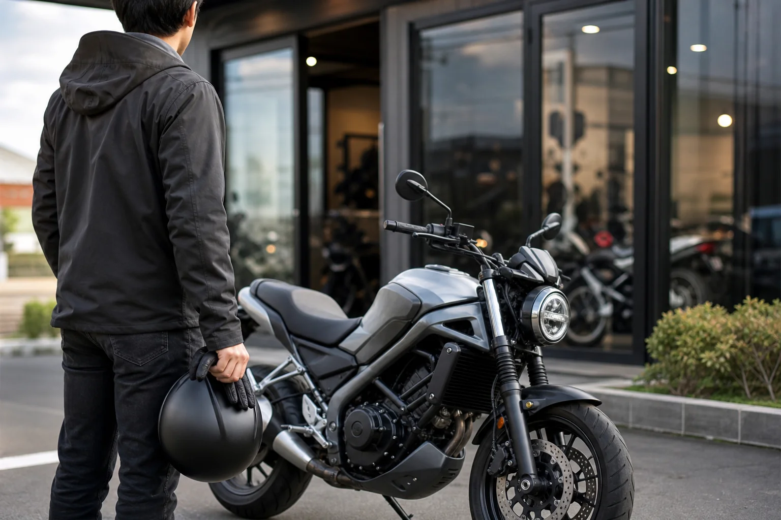 販売店の前で新しいバイクを受け取る日のイメージ写真