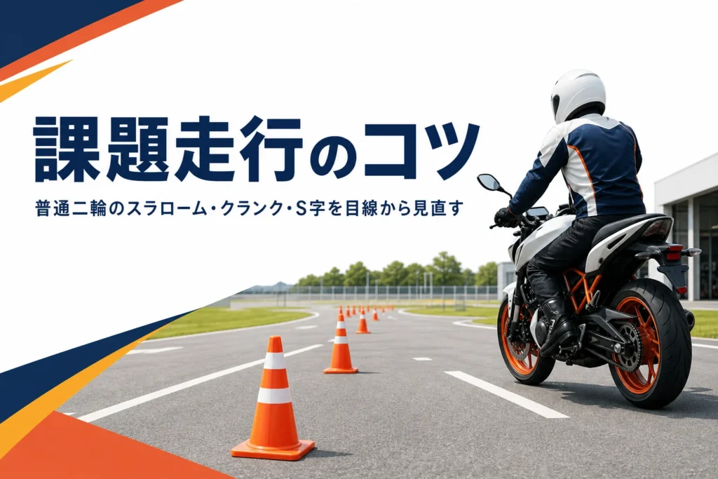 普通二輪のスラローム・クランク・S字の課題走行のコツを紹介する記事のアイキャッチ