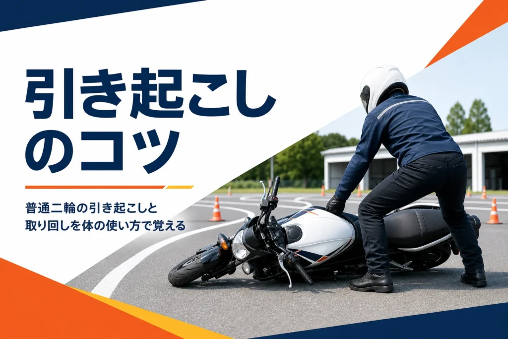 普通二輪の引き起こしと取り回しのコツを、体の使い方の順番で紹介する記事のアイキャッチ